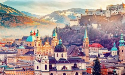 Salzburg, Austria, Europe. City in Alps of Mozart birth. Panora